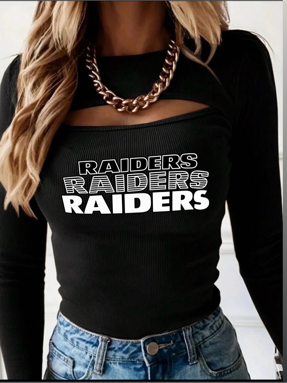Black Ribbed Long-Sleeve Cutout Top with Raiders Graphic